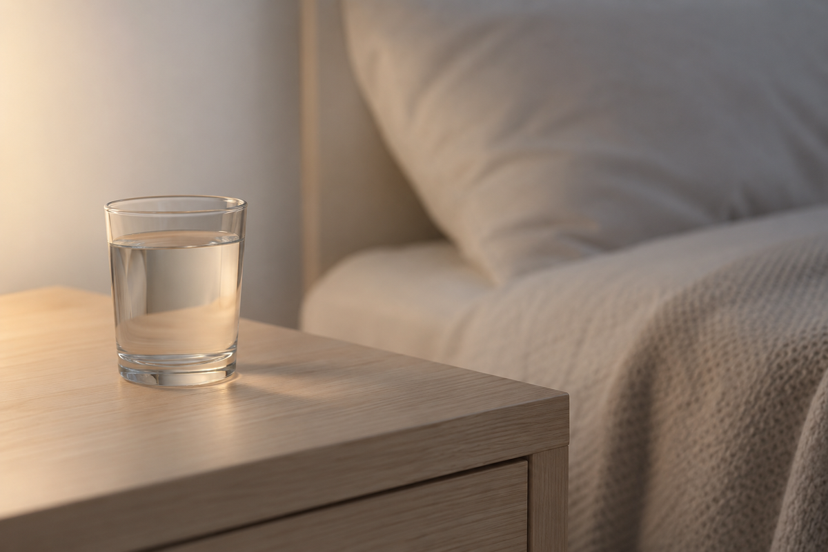 A glass of water on a bedside table in low evening light