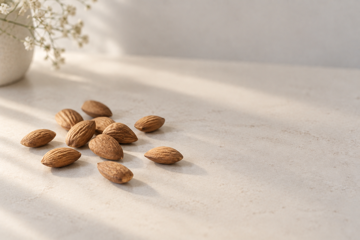 Whole raw almonds scattered on a pale surface