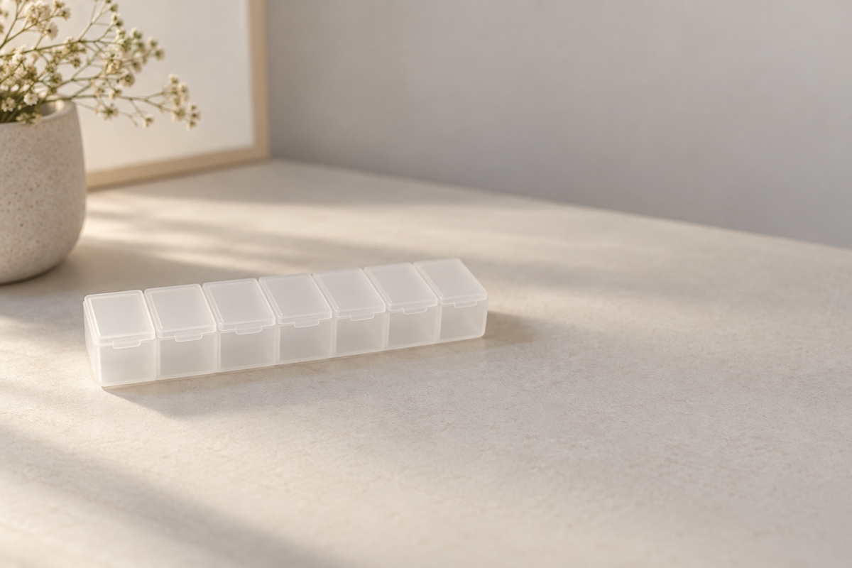 A plain seven-compartment weekly pill organiser on a pale surface